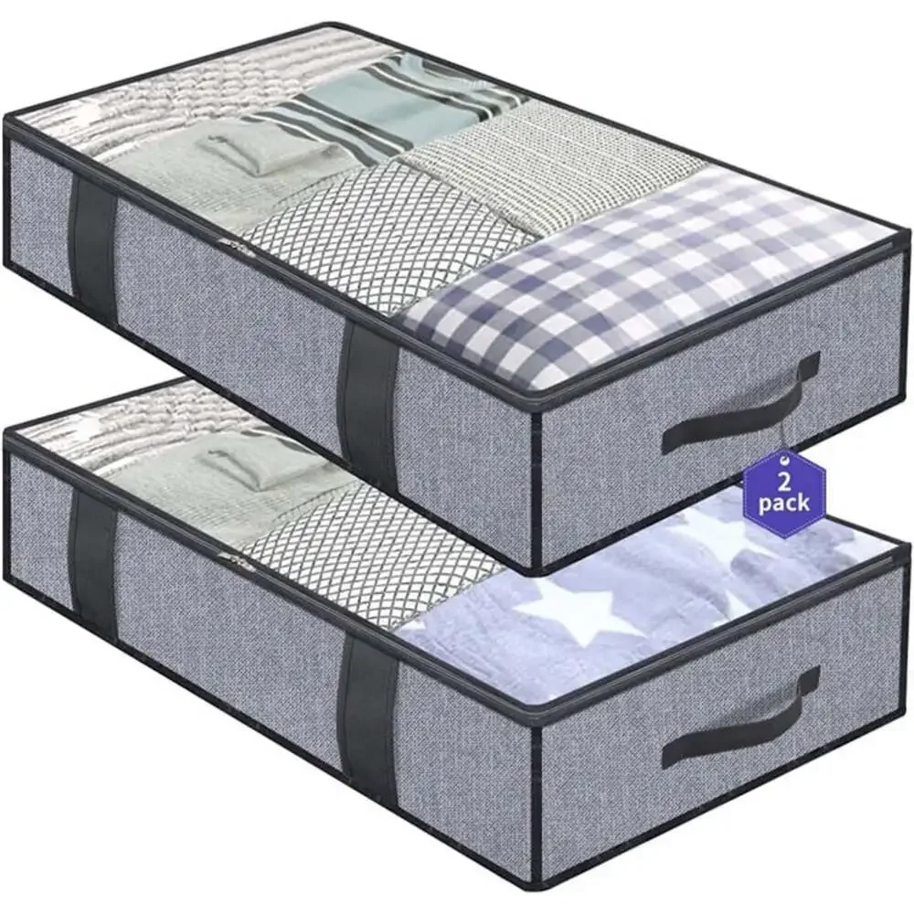 New 2 Pack Foldable Underbed Storage Bags, Zippered Clothes Organizer - Grey